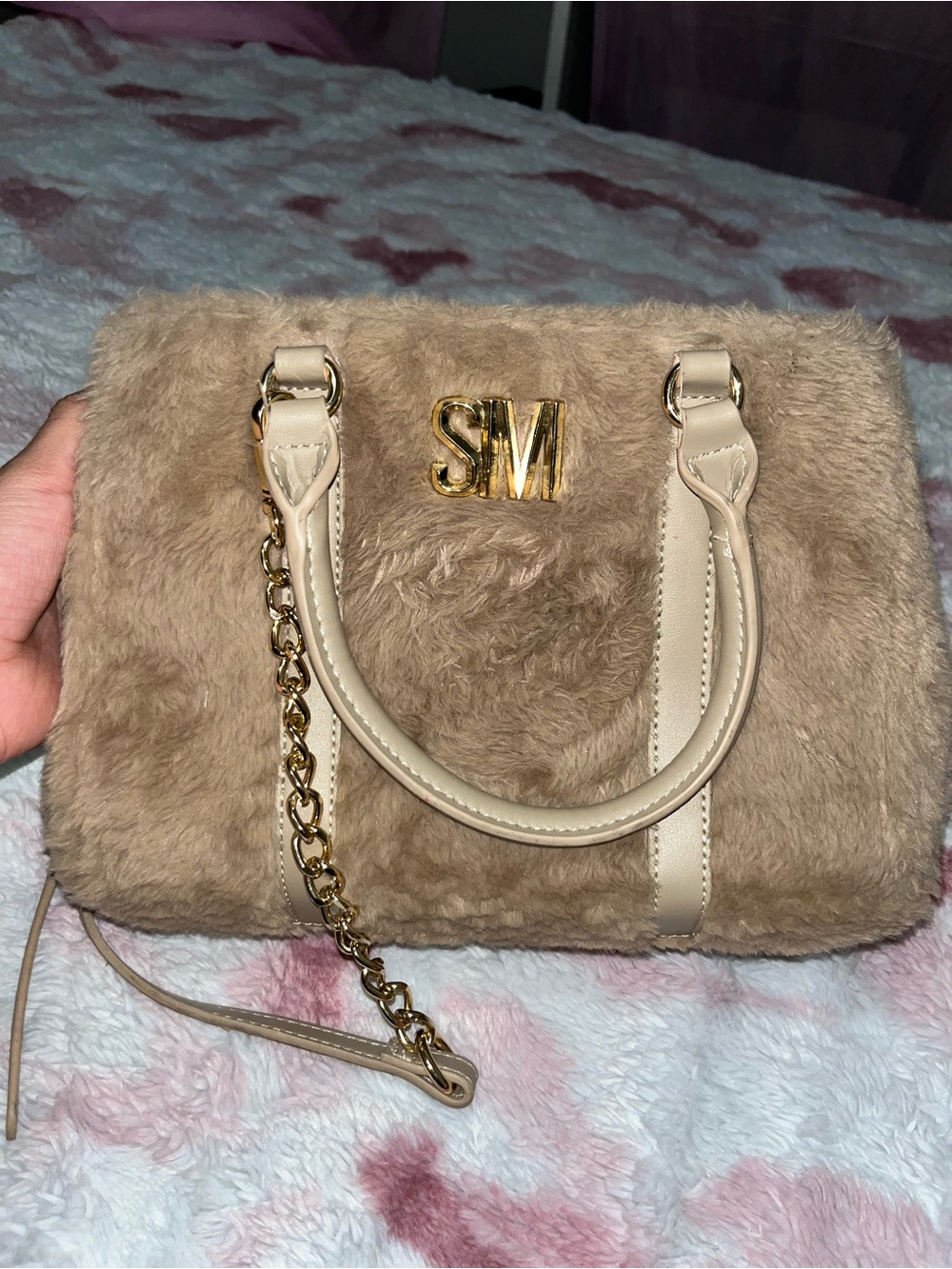 Steve Madden Taupe Faux Fur Satchel with Gold Hardware